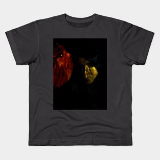 Portrait, collage, special processing. Man, dark costume, long hair, looking down. On left demon of gold. Gold and orange. Kids T-Shirt